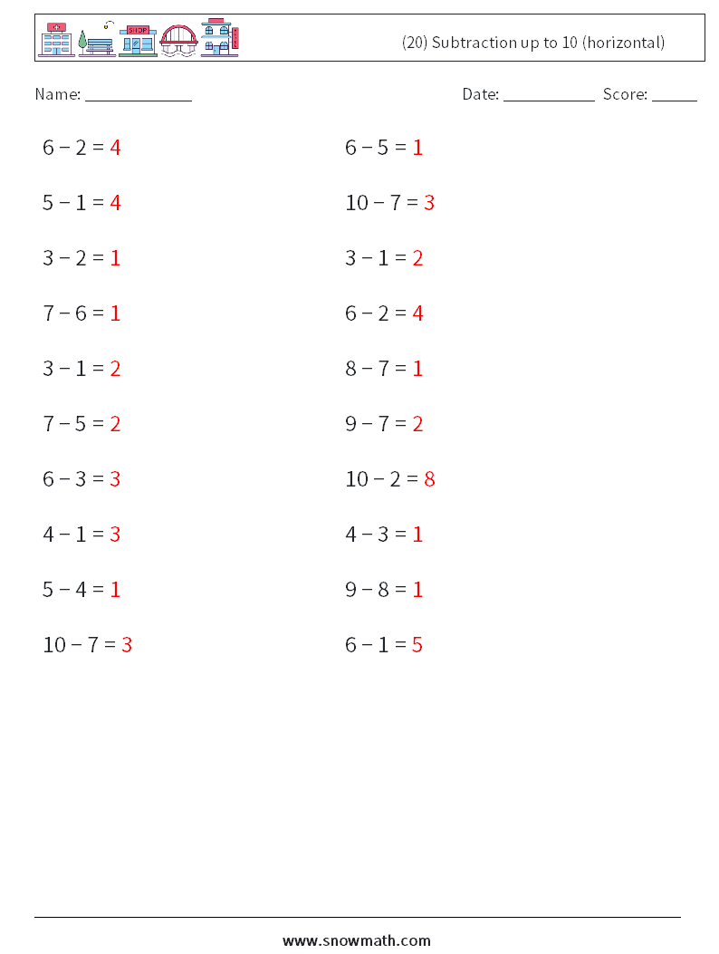 (20) Subtraction up to 10 (horizontal) Maths Worksheets 4 Question, Answer