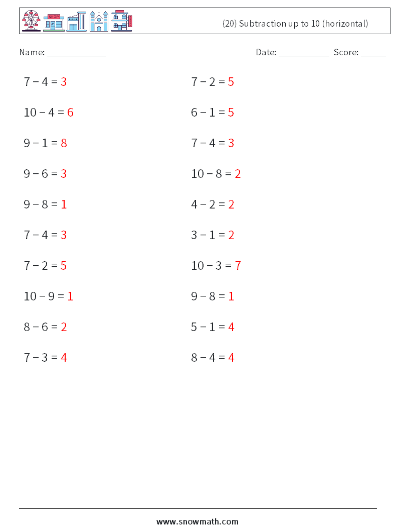 (20) Subtraction up to 10 (horizontal) Maths Worksheets 5 Question, Answer