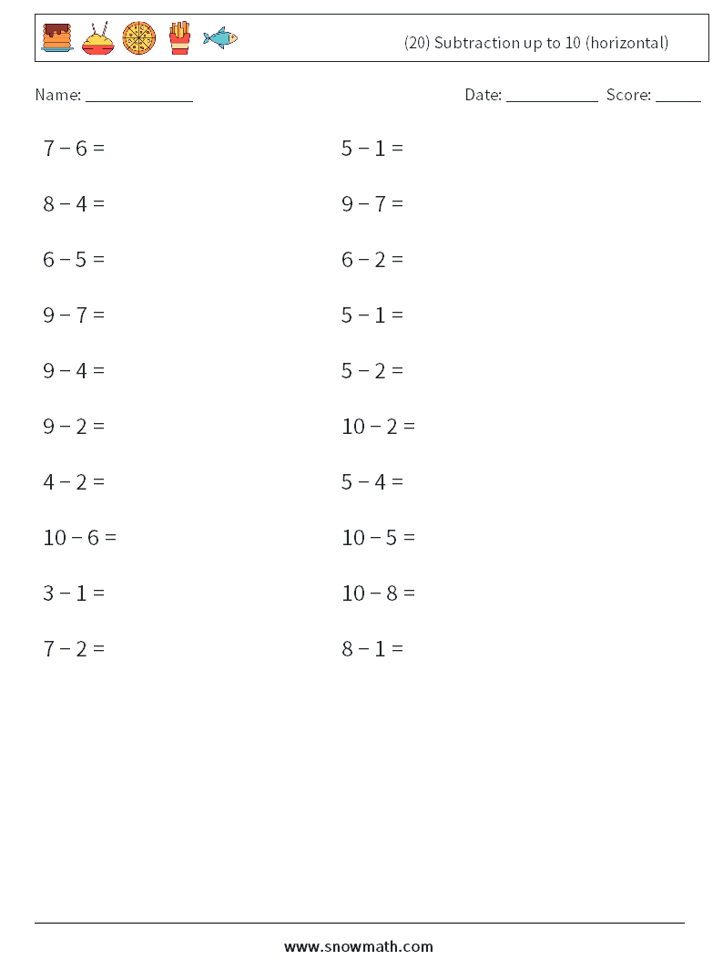 (20) Subtraction up to 10 (horizontal) Maths Worksheets 6