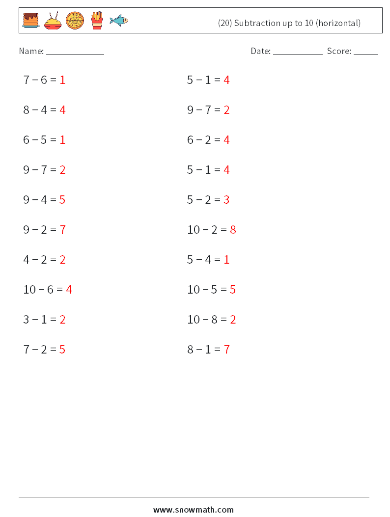 (20) Subtraction up to 10 (horizontal) Maths Worksheets 6 Question, Answer