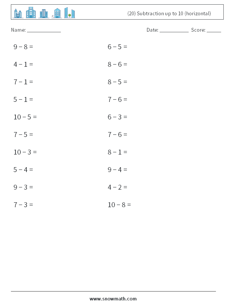 (20) Subtraction up to 10 (horizontal) Maths Worksheets 7