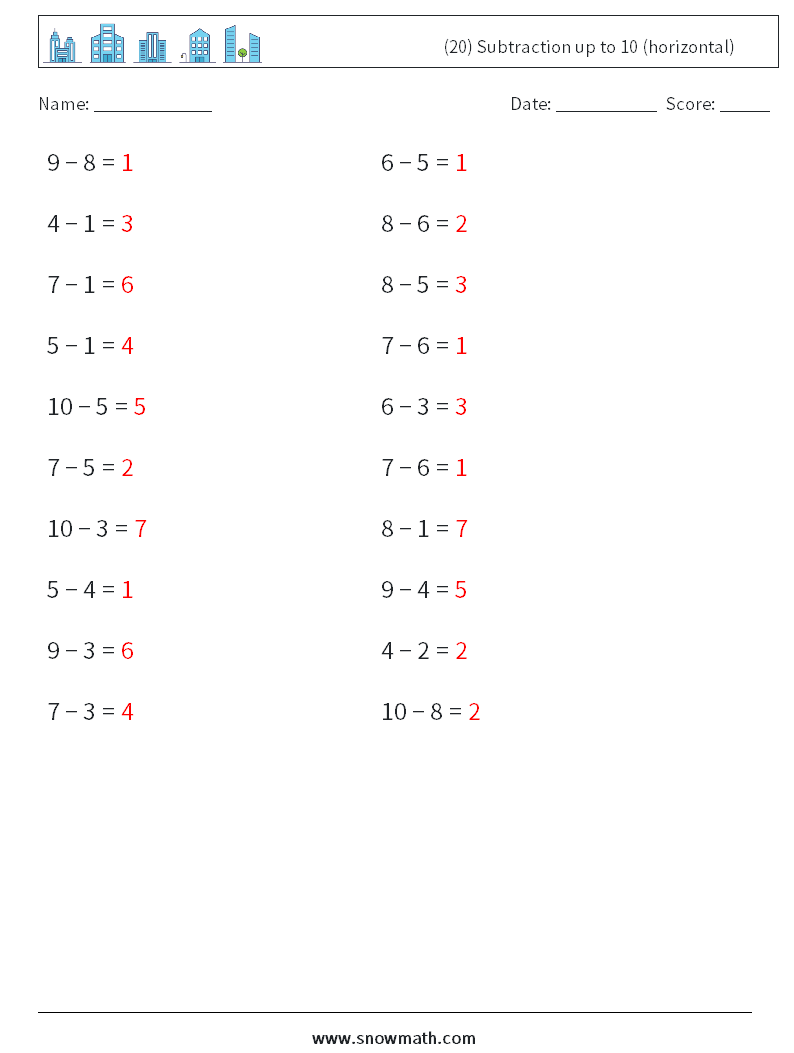 (20) Subtraction up to 10 (horizontal) Maths Worksheets 7 Question, Answer