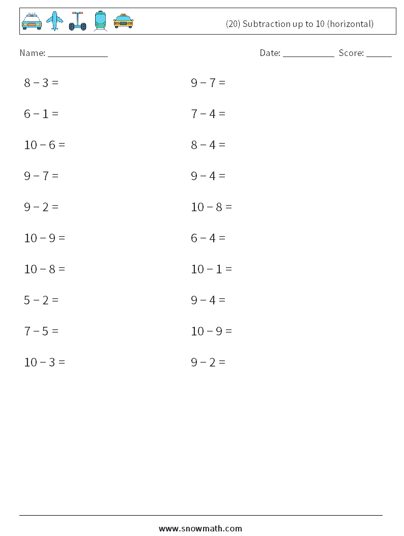 (20) Subtraction up to 10 (horizontal) Maths Worksheets 8