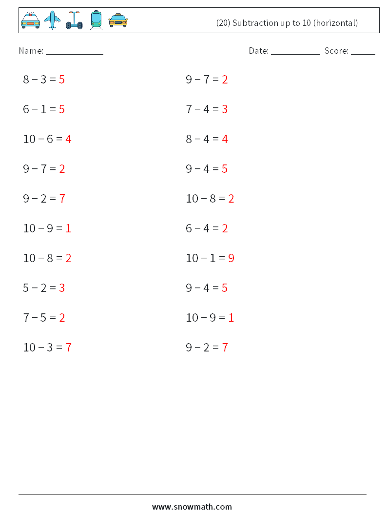 (20) Subtraction up to 10 (horizontal) Maths Worksheets 8 Question, Answer