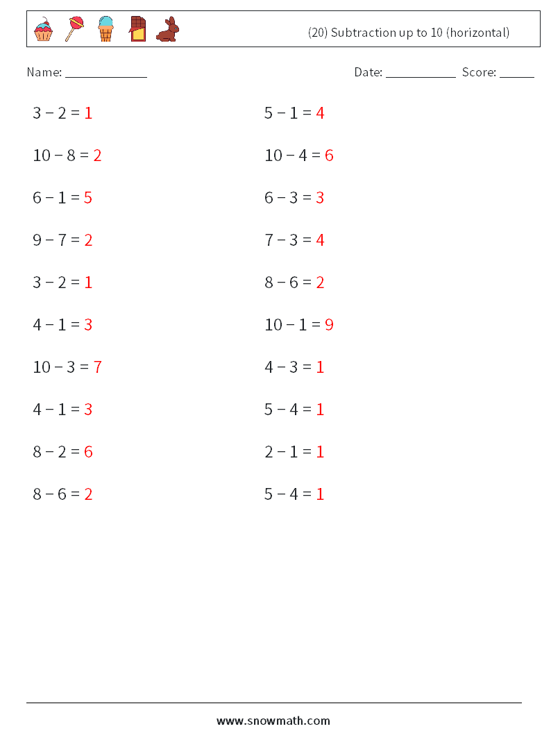 (20) Subtraction up to 10 (horizontal) Maths Worksheets 9 Question, Answer
