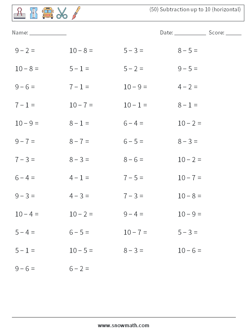 (50) Subtraction up to 10 (horizontal) Maths Worksheets 2