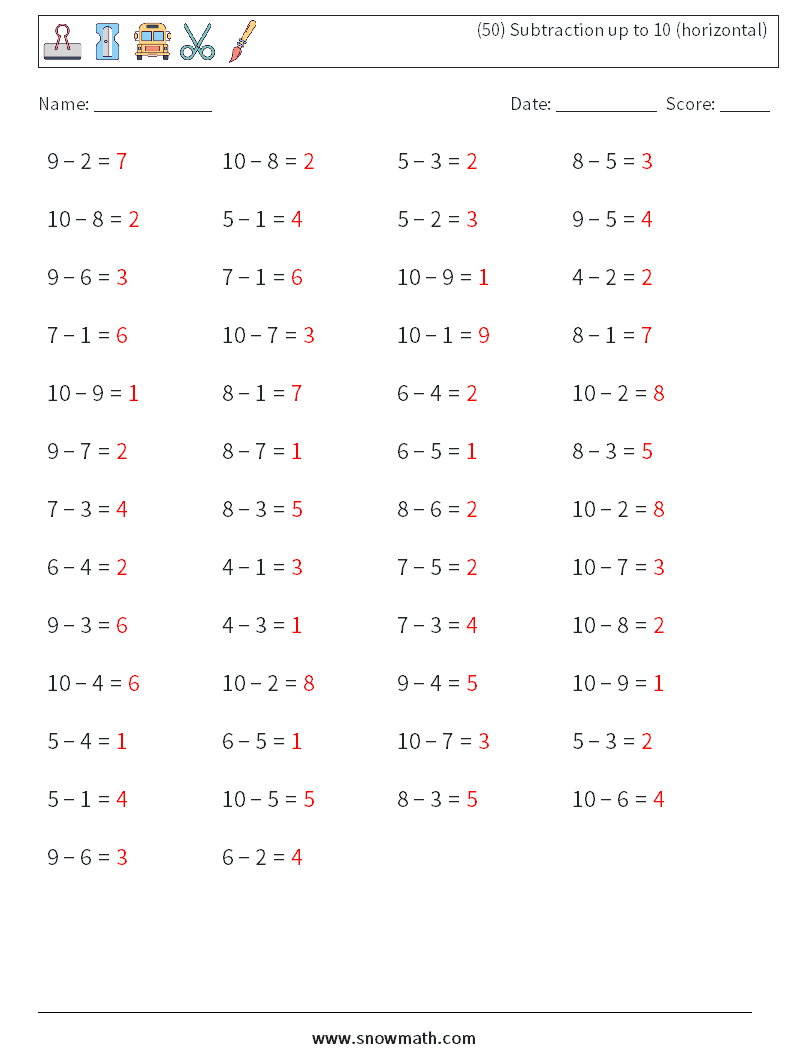 (50) Subtraction up to 10 (horizontal) Maths Worksheets 2 Question, Answer