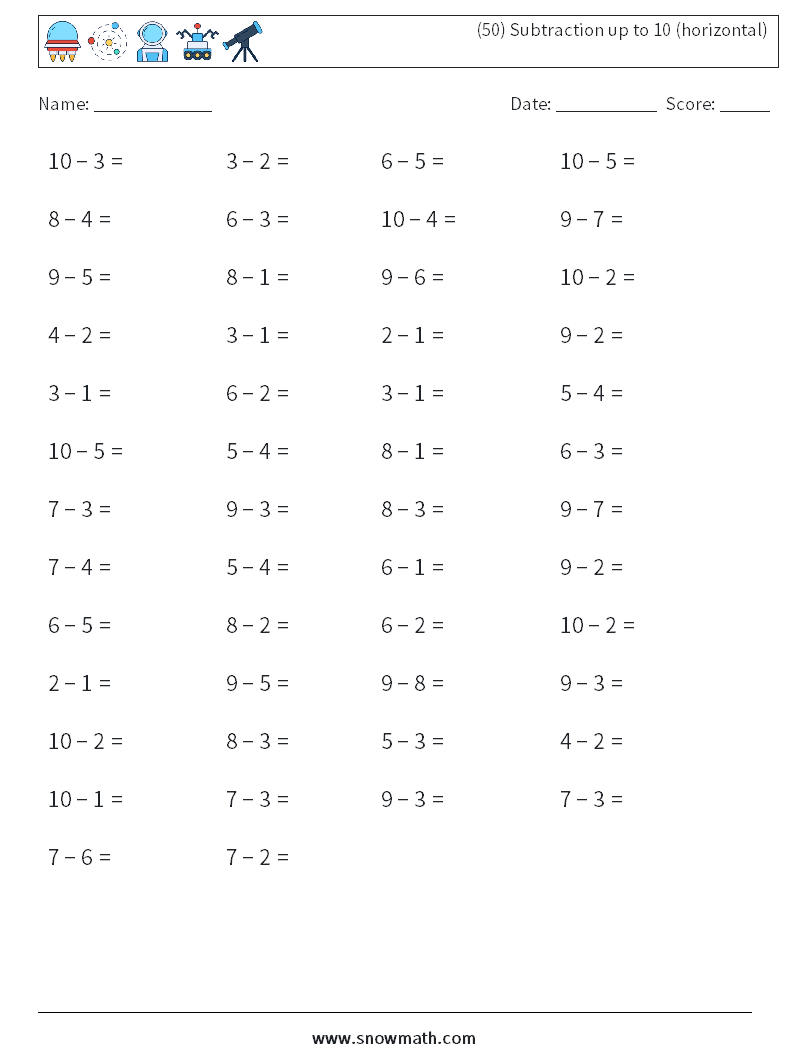 (50) Subtraction up to 10 (horizontal) Maths Worksheets 3