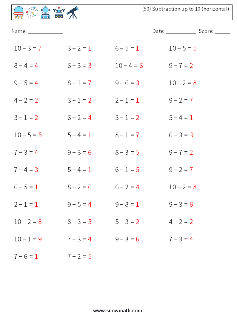 (50) Subtraction up to 10 (horizontal) Maths Worksheets 3 Question, Answer