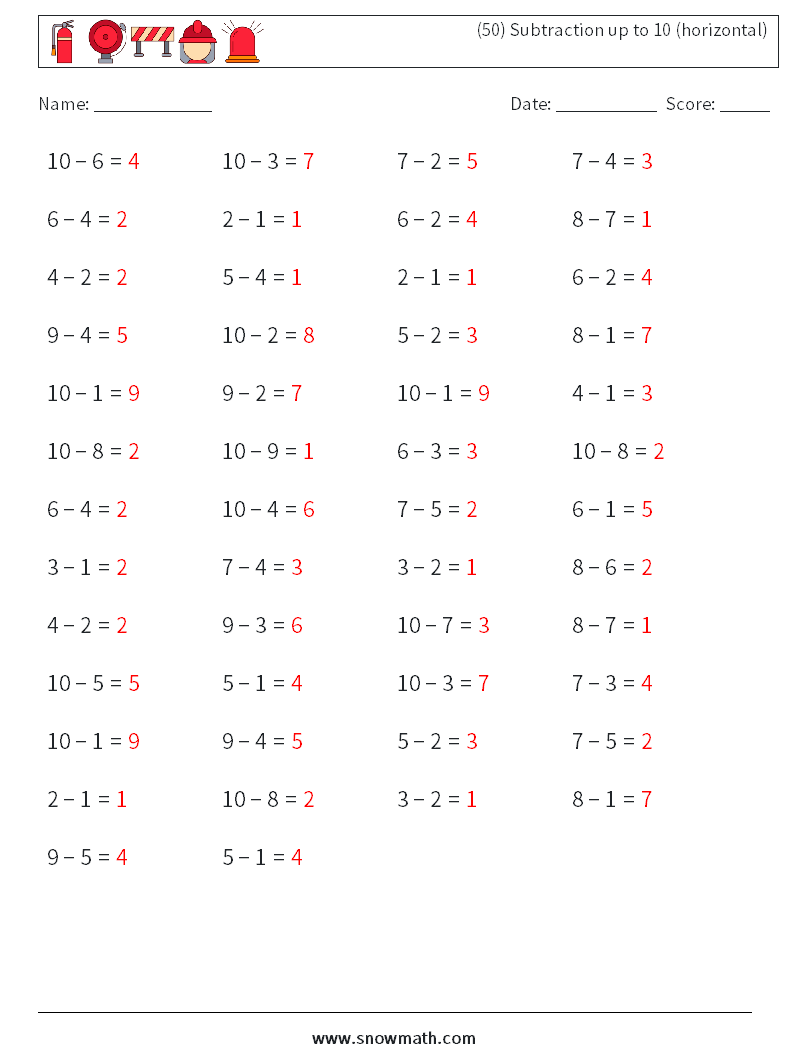 (50) Subtraction up to 10 (horizontal) Maths Worksheets 4 Question, Answer