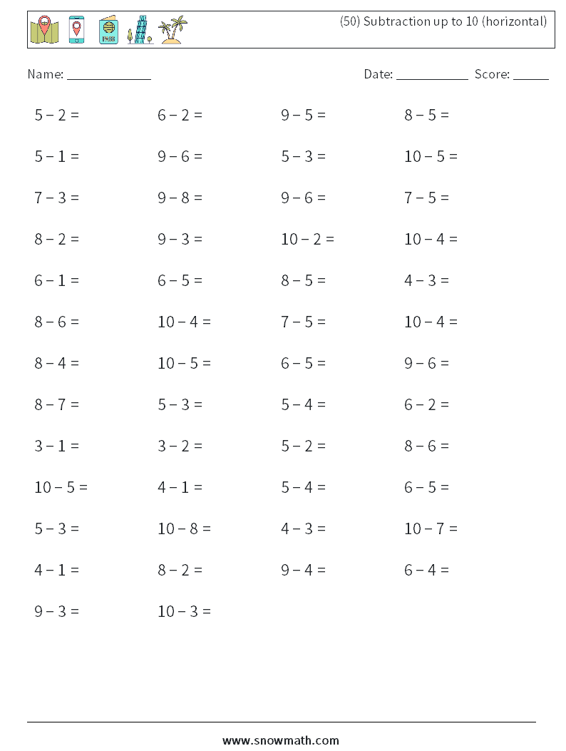 (50) Subtraction up to 10 (horizontal) Maths Worksheets 6