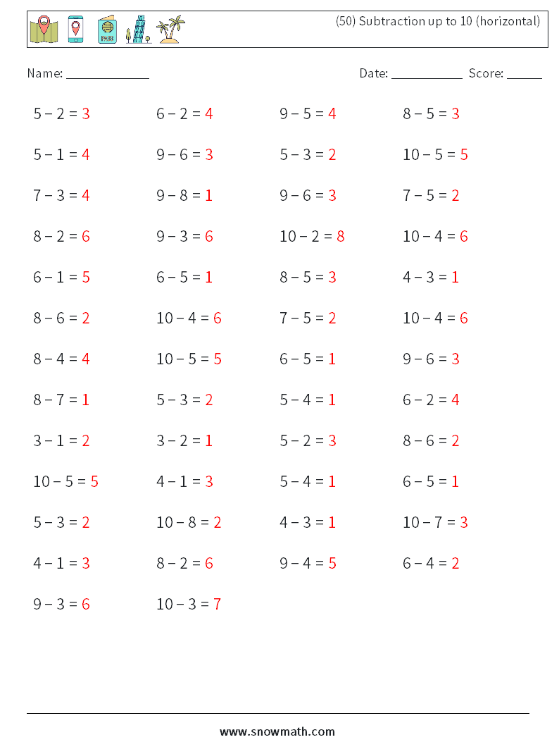 (50) Subtraction up to 10 (horizontal) Maths Worksheets 6 Question, Answer