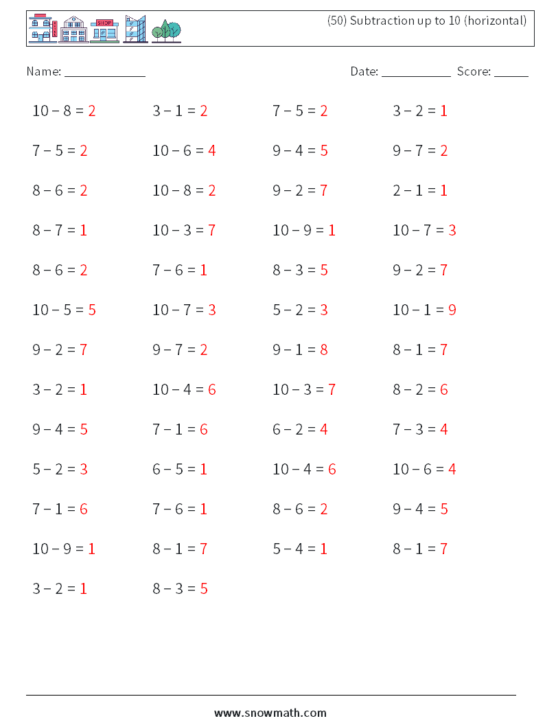 (50) Subtraction up to 10 (horizontal) Maths Worksheets 7 Question, Answer