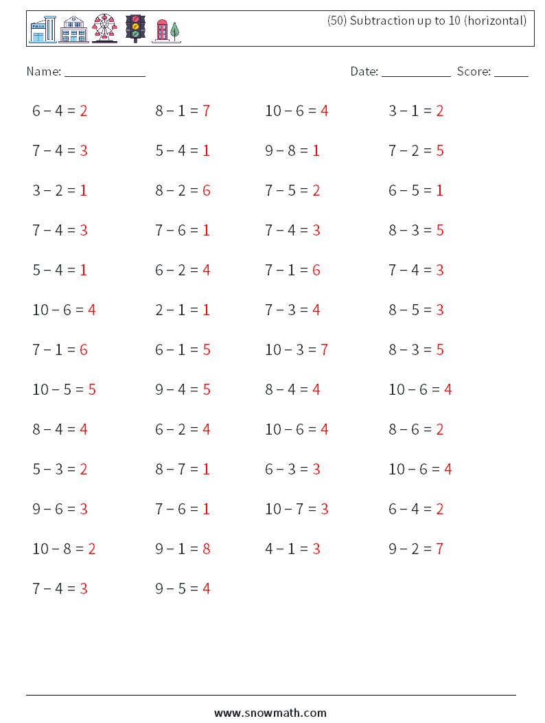 (50) Subtraction up to 10 (horizontal) Maths Worksheets 8 Question, Answer