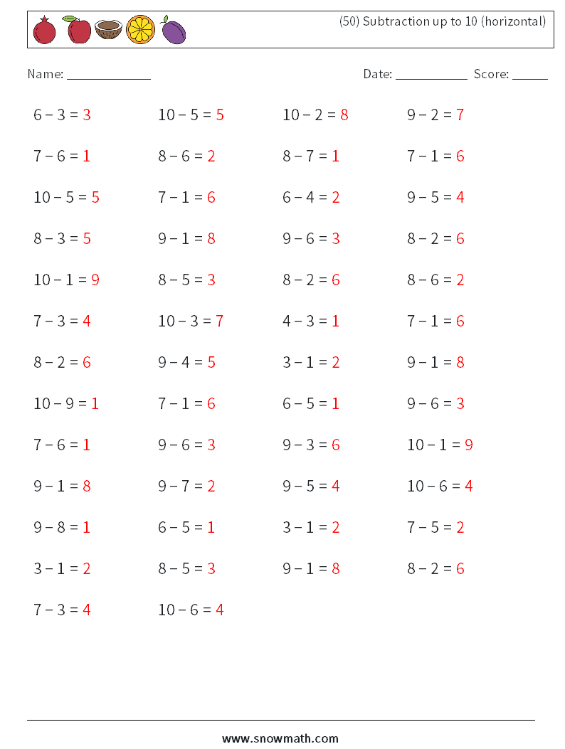 (50) Subtraction up to 10 (horizontal) Maths Worksheets 9 Question, Answer