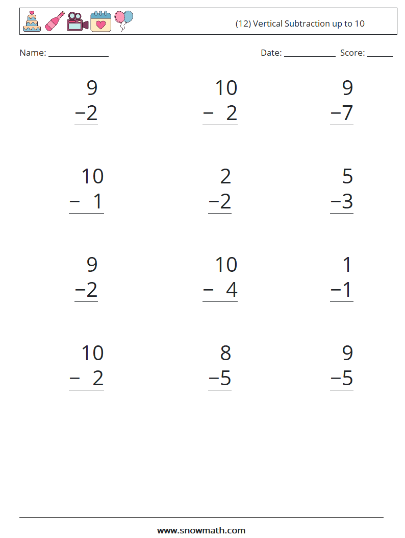 (12) Vertical Subtraction up to 10 Maths Worksheets 1