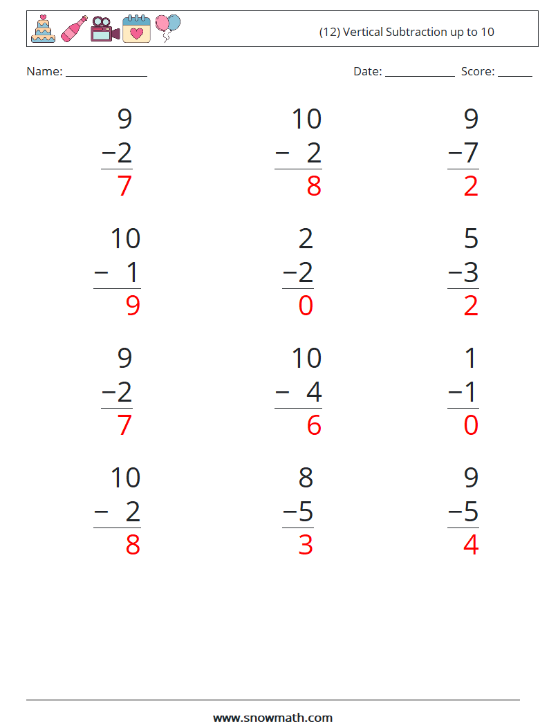 (12) Vertical Subtraction up to 10 Maths Worksheets 1 Question, Answer