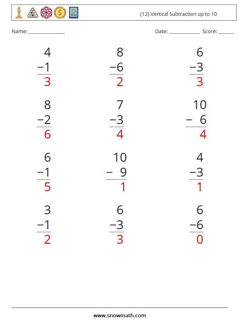 (12) Vertical Subtraction up to 10 Maths Worksheets 2 Question, Answer