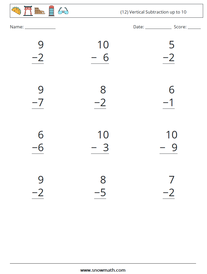(12) Vertical Subtraction up to 10 Maths Worksheets 3