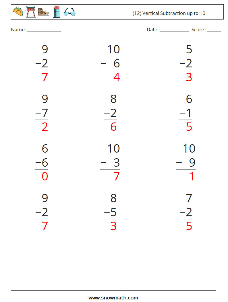 (12) Vertical Subtraction up to 10 Maths Worksheets 3 Question, Answer