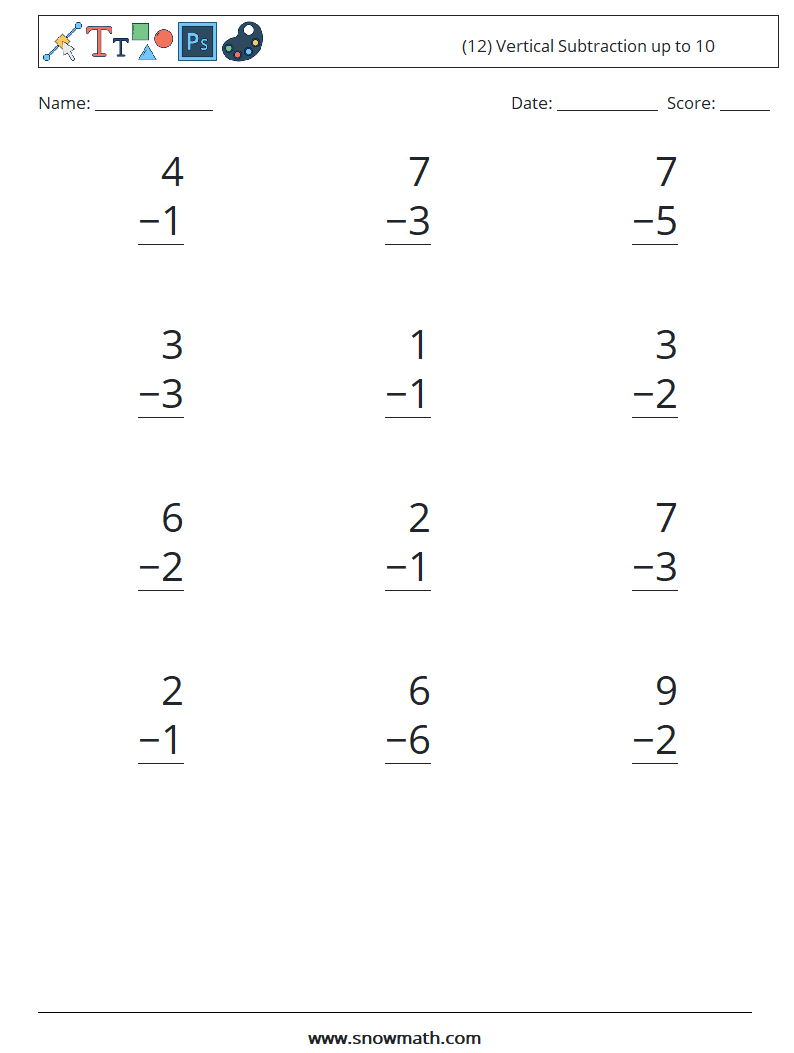 (12) Vertical Subtraction up to 10 Maths Worksheets 4