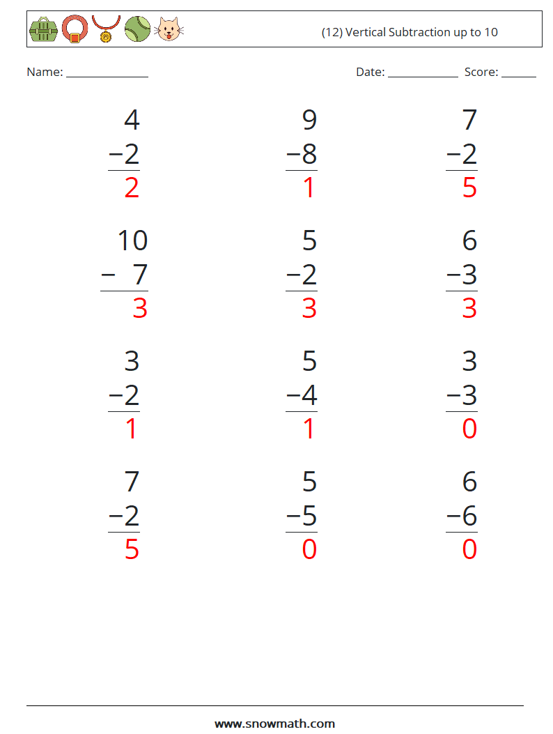 (12) Vertical Subtraction up to 10 Maths Worksheets 5 Question, Answer