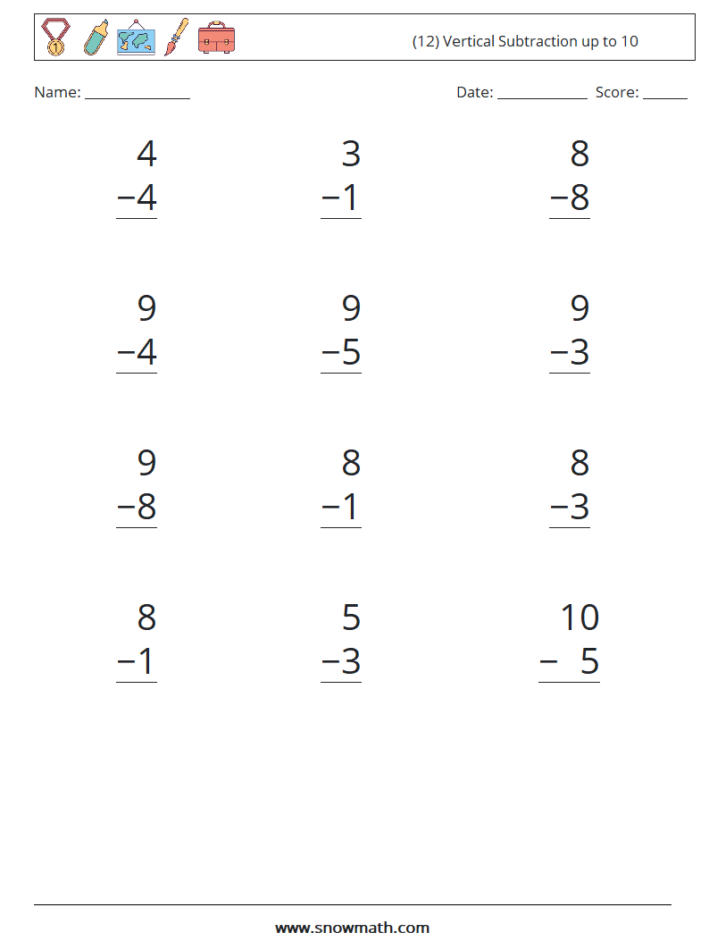 (12) Vertical Subtraction up to 10 Maths Worksheets 6