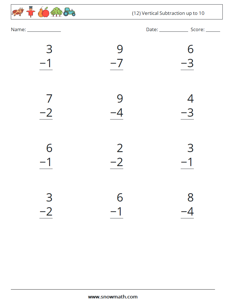 (12) Vertical Subtraction up to 10 Maths Worksheets 8