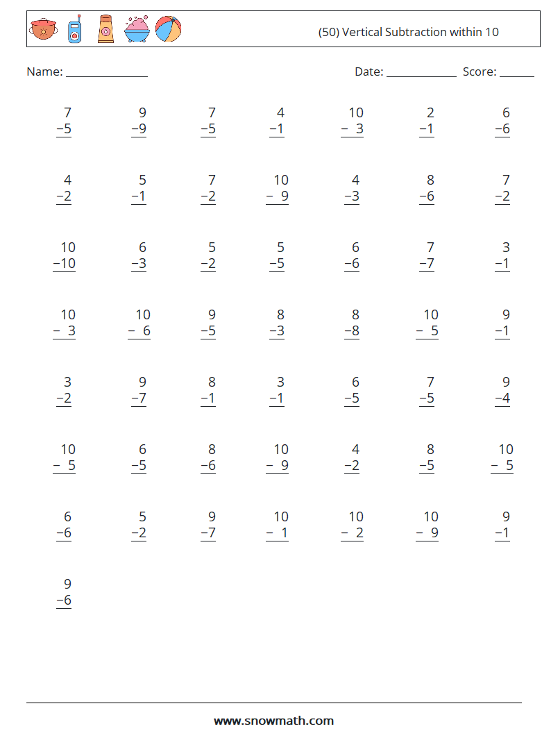 (50) Vertical Subtraction within 10 Maths Worksheets 1