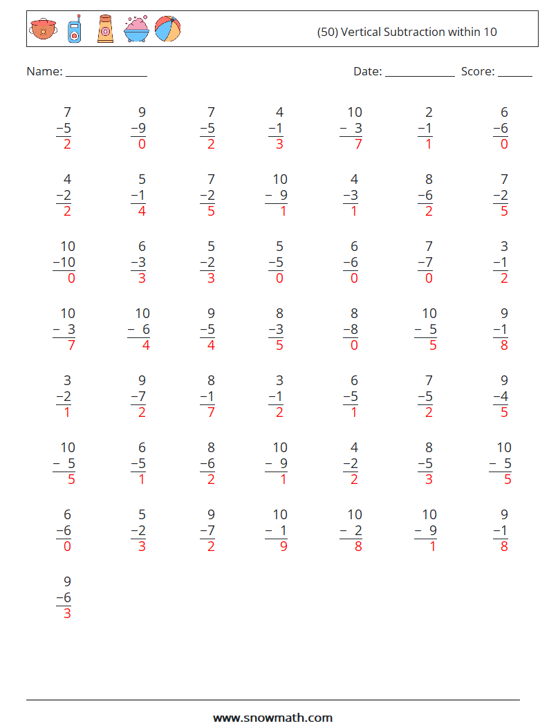 (50) Vertical Subtraction within 10 Maths Worksheets 1 Question, Answer