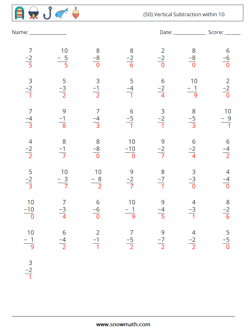 (50) Vertical Subtraction within 10 Maths Worksheets 2 Question, Answer