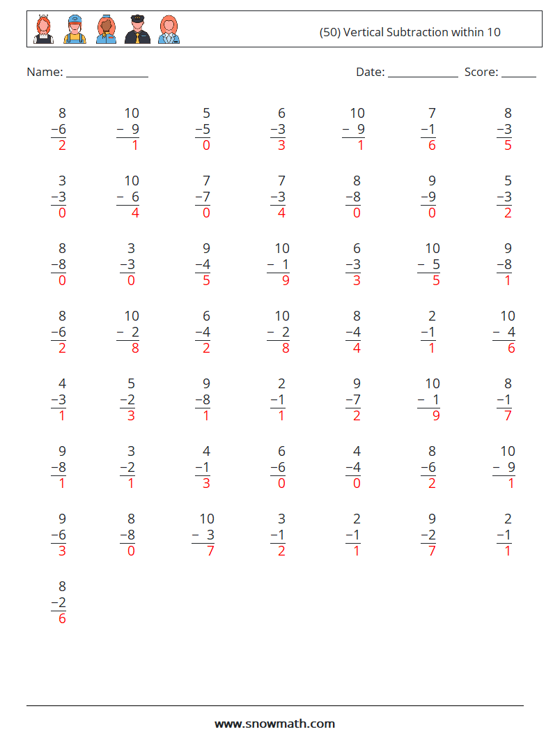 (50) Vertical Subtraction within 10 Maths Worksheets 3 Question, Answer