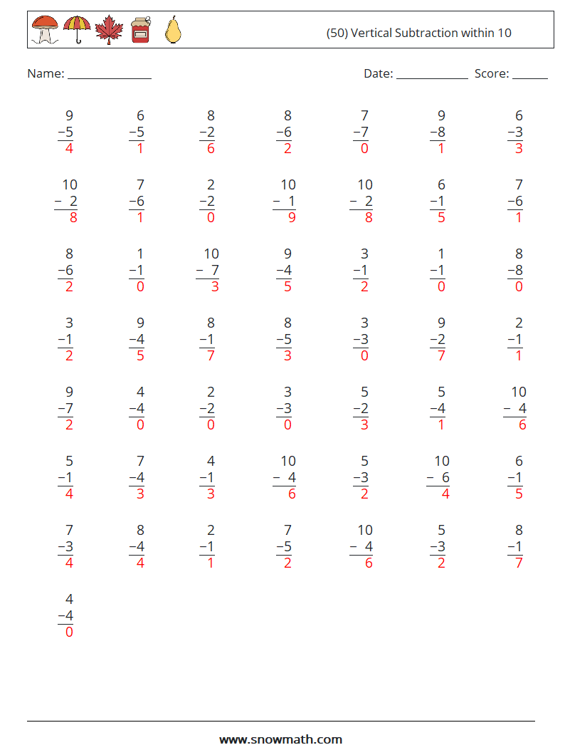(50) Vertical Subtraction within 10 Maths Worksheets 5 Question, Answer