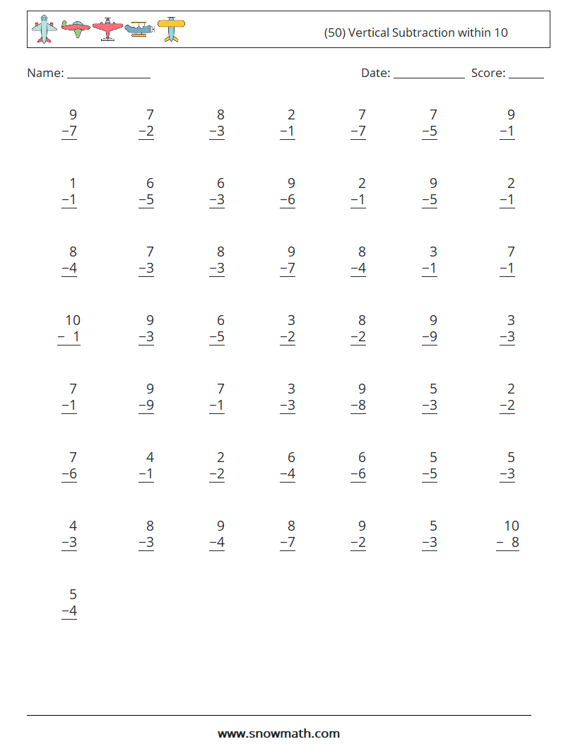(50) Vertical Subtraction within 10 Maths Worksheets 6