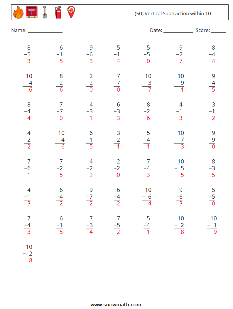 (50) Vertical Subtraction within 10 Maths Worksheets 8 Question, Answer