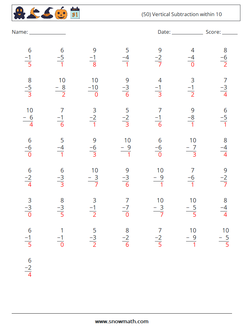 (50) Vertical Subtraction within 10 Maths Worksheets 9 Question, Answer