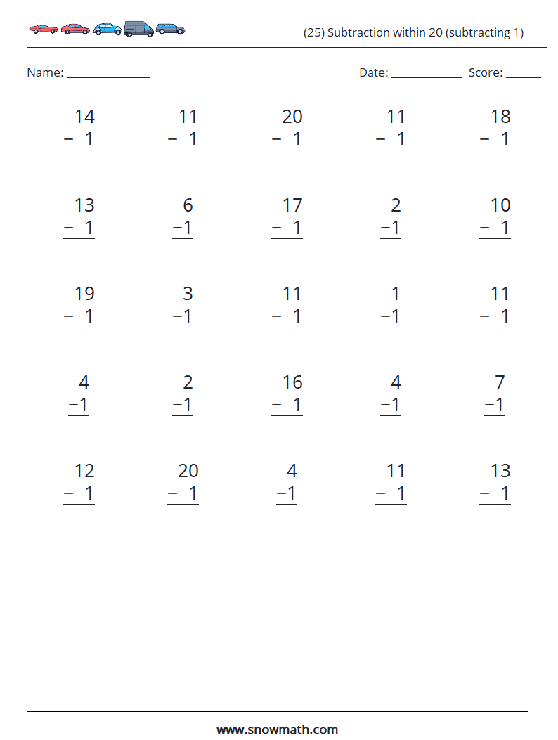 (25) Subtraction within 20 (subtracting 1) Maths Worksheets 10