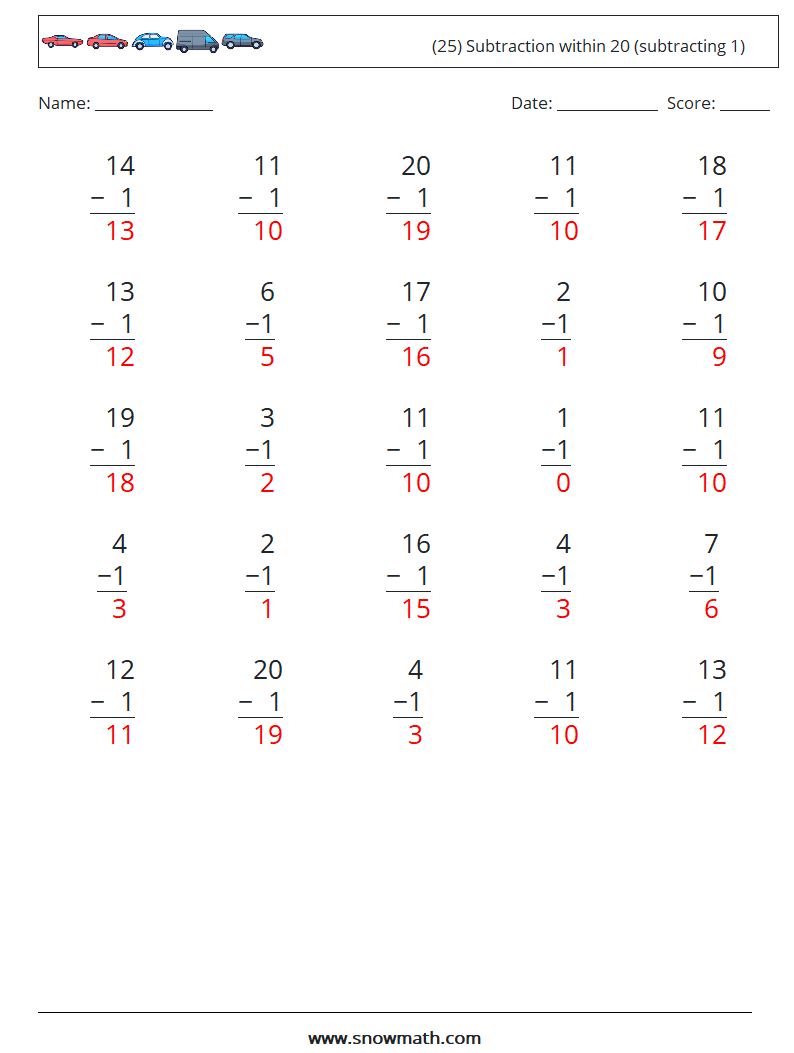 (25) Subtraction within 20 (subtracting 1) Maths Worksheets 10 Question, Answer