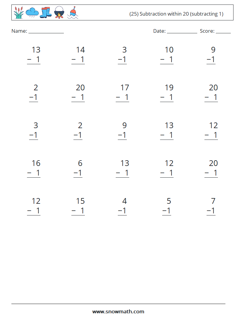 (25) Subtraction within 20 (subtracting 1) Maths Worksheets 15