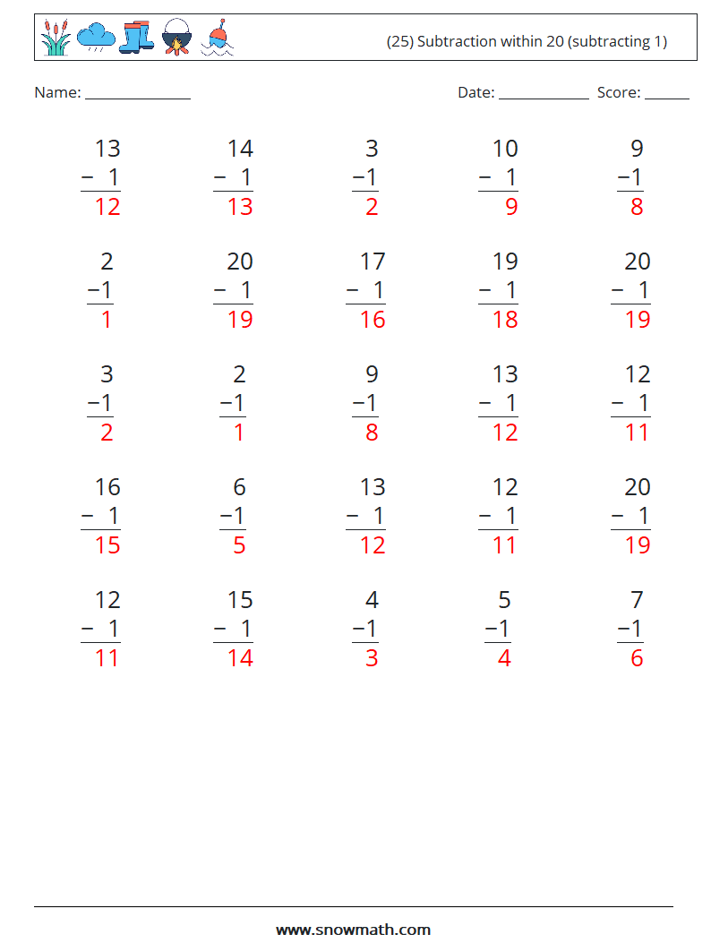 (25) Subtraction within 20 (subtracting 1) Maths Worksheets 15 Question, Answer