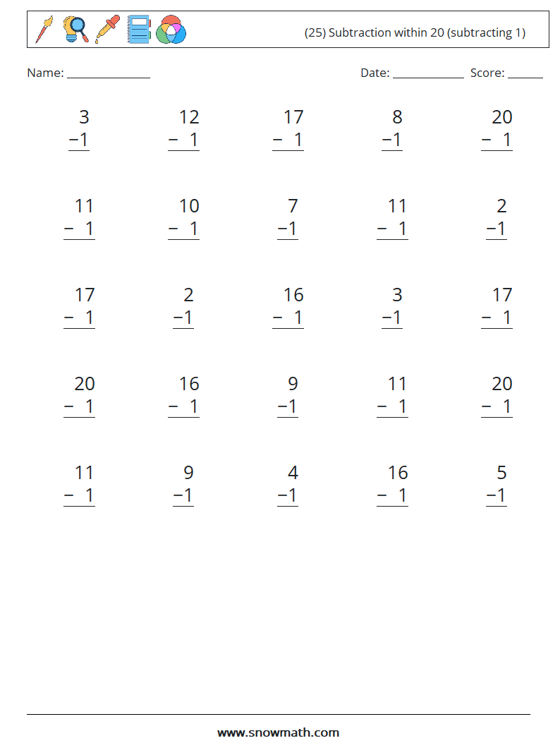 (25) Subtraction within 20 (subtracting 1) Maths Worksheets 2