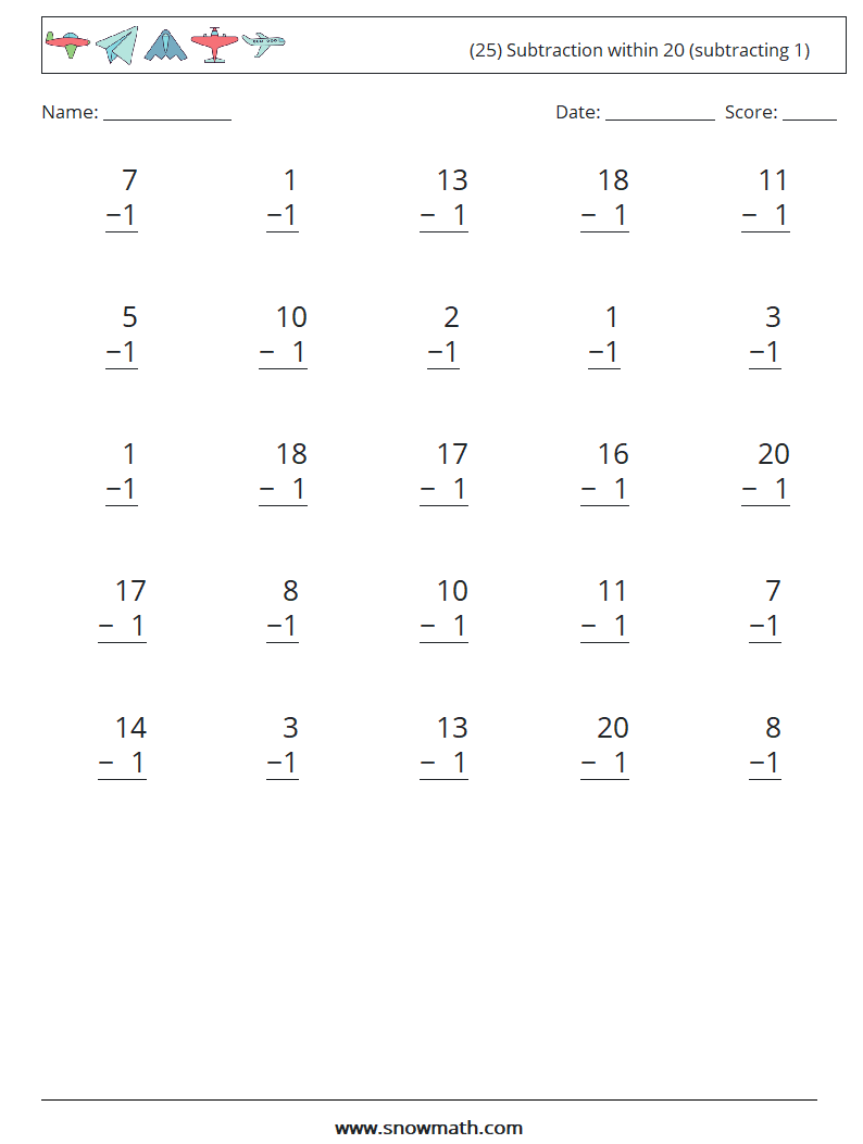 (25) Subtraction within 20 (subtracting 1) Maths Worksheets 4