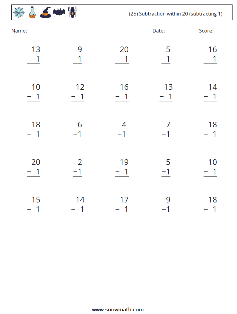 (25) Subtraction within 20 (subtracting 1) Maths Worksheets 5