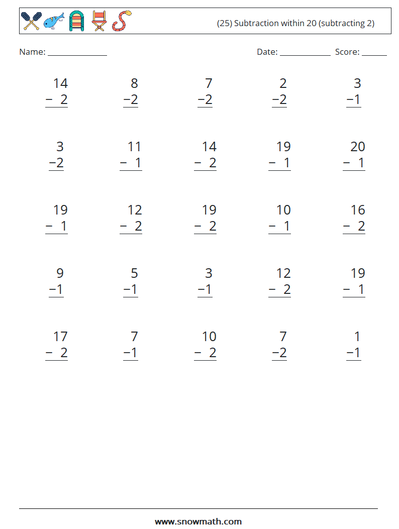 (25) Subtraction within 20 (subtracting 2) Maths Worksheets 10