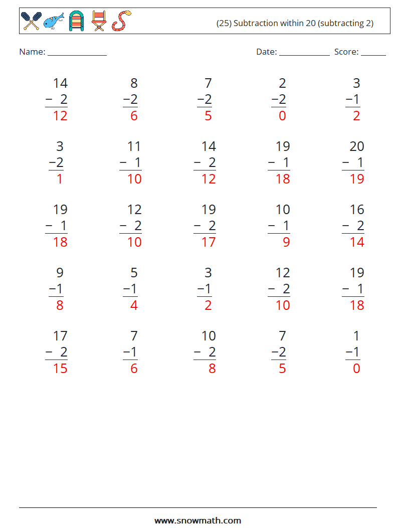 (25) Subtraction within 20 (subtracting 2) Maths Worksheets 10 Question, Answer