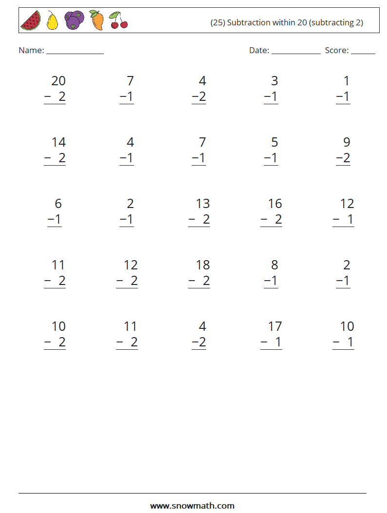 (25) Subtraction within 20 (subtracting 2) Maths Worksheets 11
