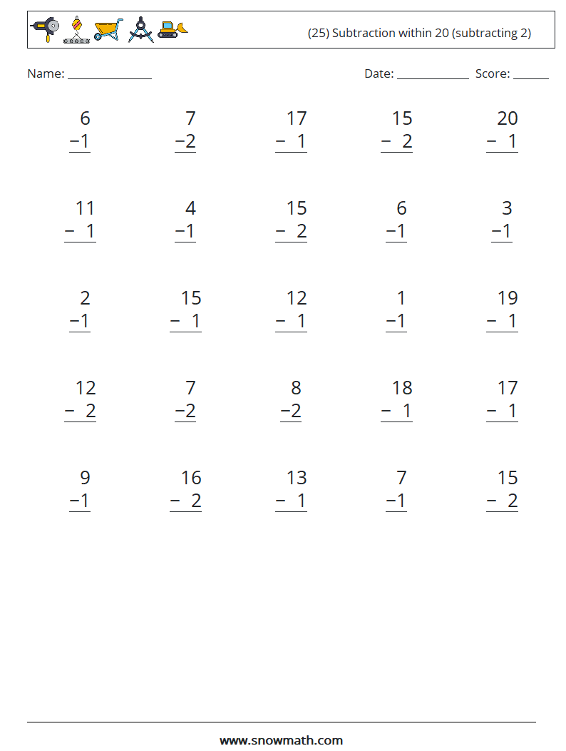 (25) Subtraction within 20 (subtracting 2) Maths Worksheets 14