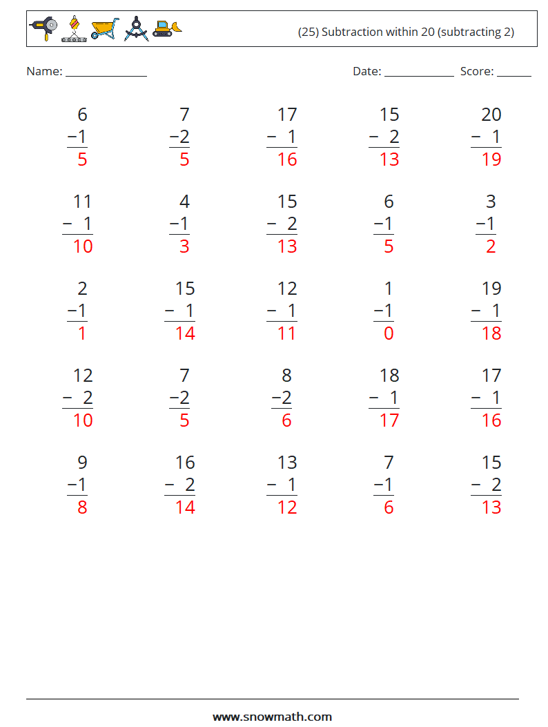 (25) Subtraction within 20 (subtracting 2) Maths Worksheets 14 Question, Answer