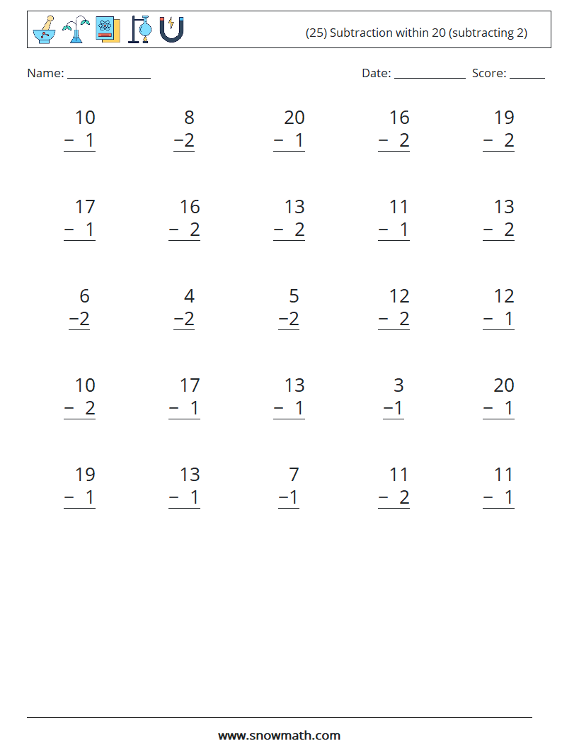 (25) Subtraction within 20 (subtracting 2) Maths Worksheets 15