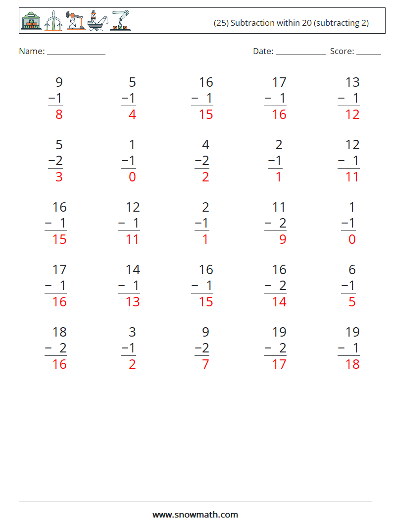 (25) Subtraction within 20 (subtracting 2) Maths Worksheets 16 Question, Answer